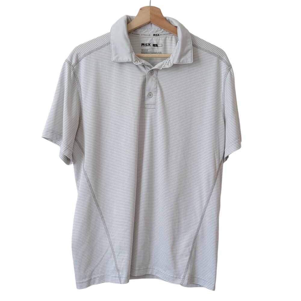 Michael Strahan Men's Polo Shirt Size Large Golfing White Gray Short Sleeve Golf